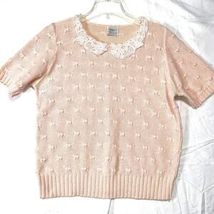Vintage 80s Harot Sweater Womens Med Pink 100% Cotton Made In USA Lace